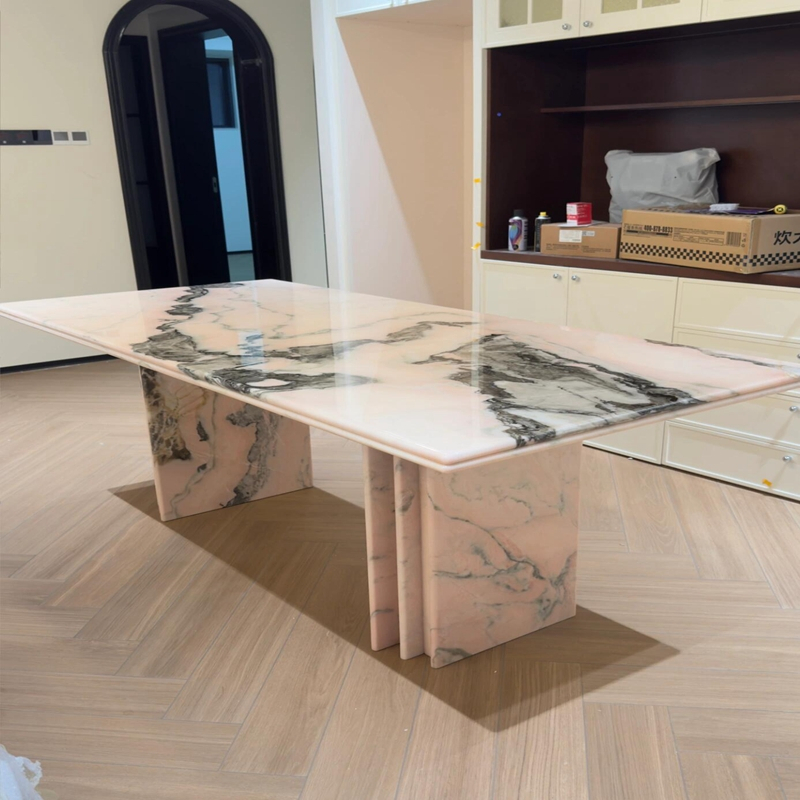 FDT007 Modern Rectangular Calacatta Pink Marble Dining Table 1
