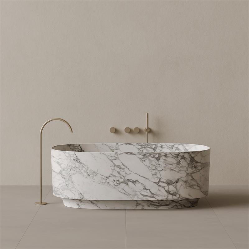 BBT011 Handcrafted Oval Arabescato Marble Stone Bathtub with Carved Base 1