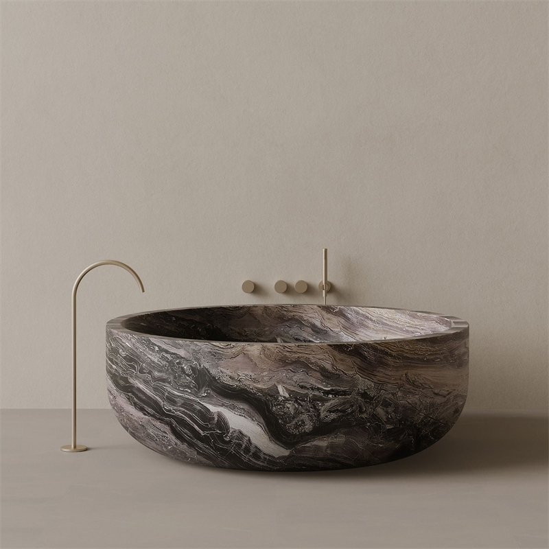 BBT012 Handcrafted Round Arabescato Orobico Marble Stone Bathtub 1