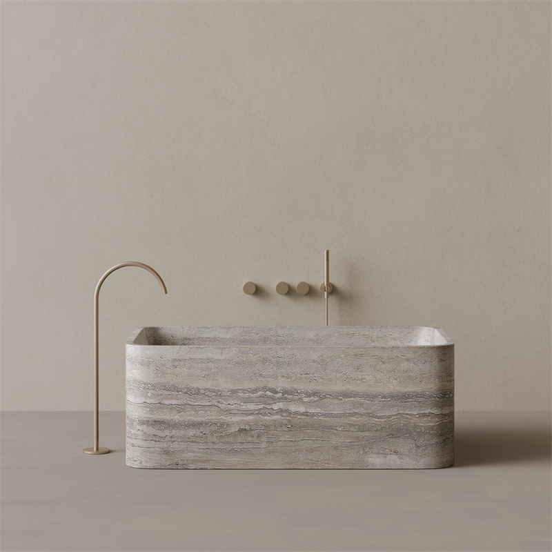 BBT013 Handcrafted Rectangular Silver Travertine Stone Bathtub with Curved Edges 1