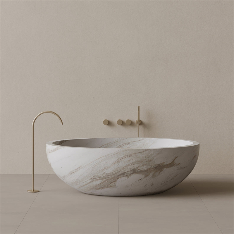 BBT014 Handcrafted Oval Volakas White Marble Stone Bathtub 1