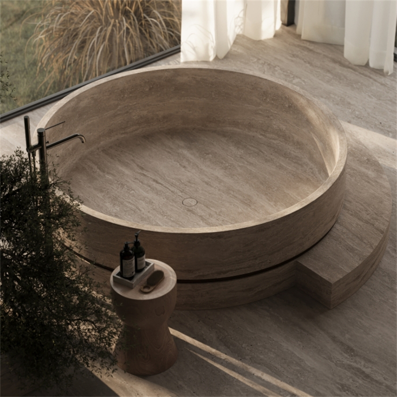 BBT015 Bathroom Handcrafted Round Beige Travertine Freestanding Bathtub 1