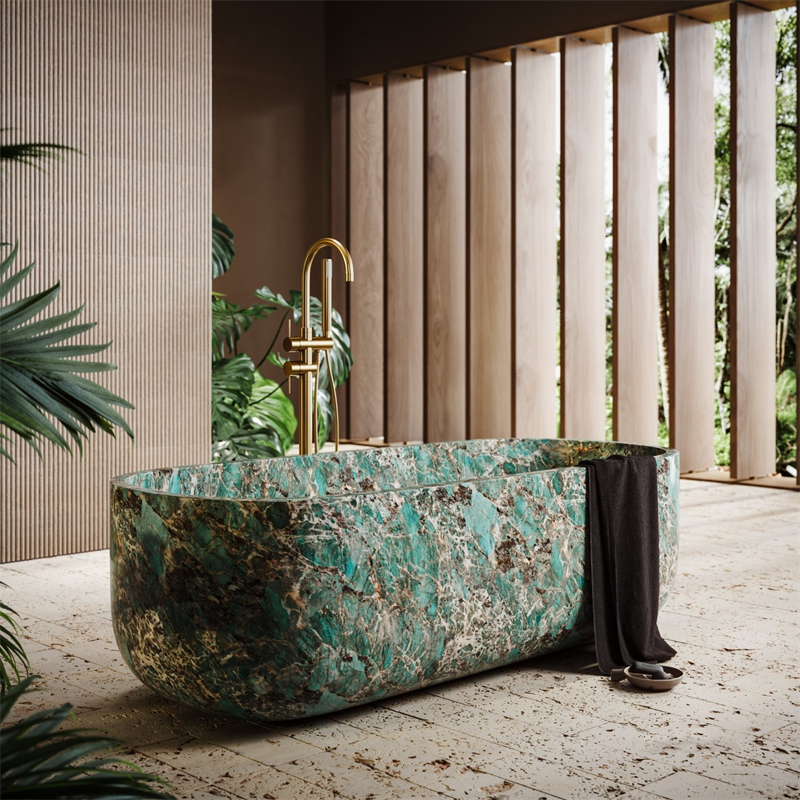 BBT016 Bathroom Handcrafted Oval Amazon Green Marble Freestanding Bathtub 1