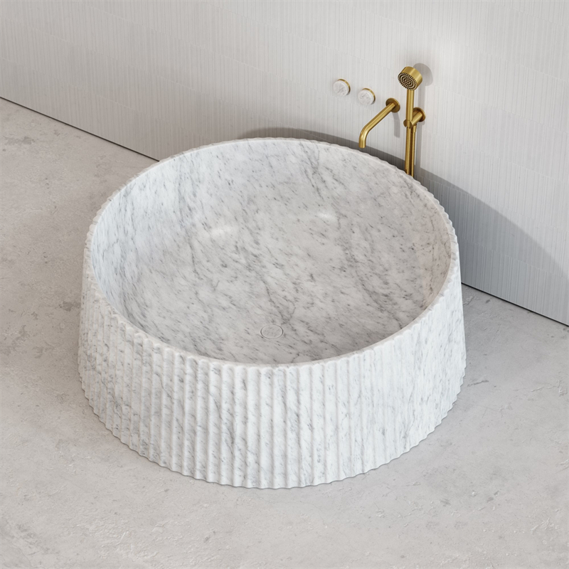 BBT017 Bathroom Handcrafted Round Carrara White Marble Freestanding Bathtub 1