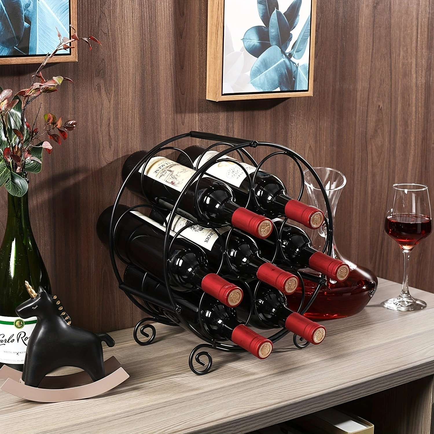 Suporte para vinho de bancada independente para 7 garrafas em metal preto para armazenamento de vinho tinto -XHD 1