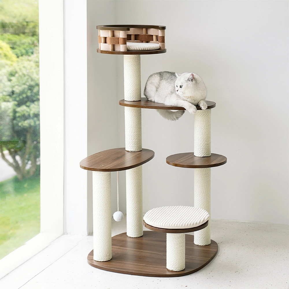 【Z1A00139】 estante trepador de madera para gatos, Color nogal negro, nido para gatos, árbol para gatos, estante trepador para gatos de estilo moderno todo en uno 1