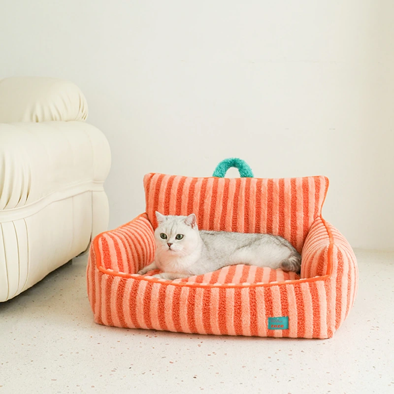 【Z1B00111】Orange Striped pet bed warm cat bed all-season universal removable washable cute pet sofa cat nest soft plush cushions 1