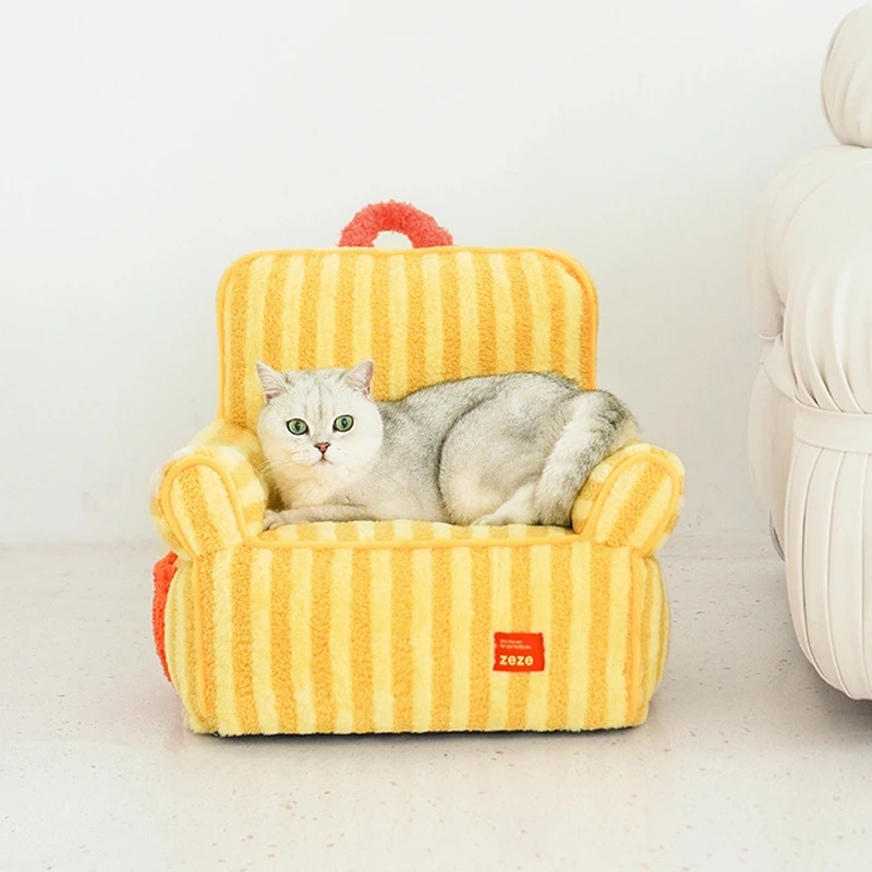 【Z1B00111】Yellow Striped pet bed warm cat bed all-season universal removable washable cute pet sofa cat nest soft plush cushions 1