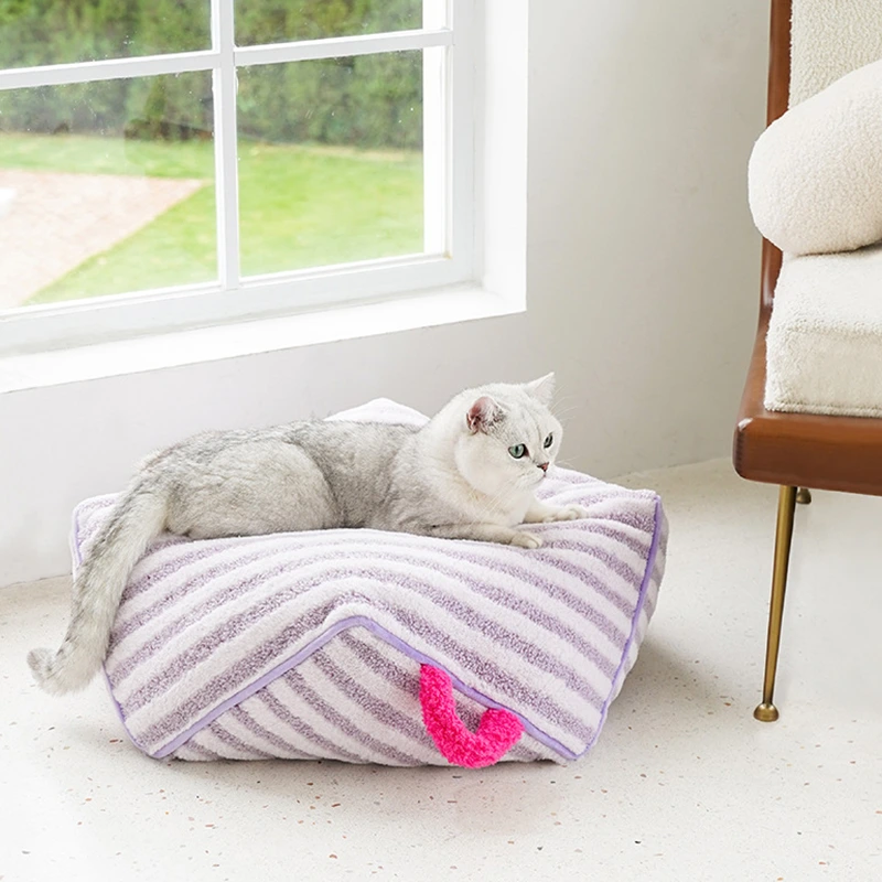 【Z1B00111】 Cama para mascotas a rayas moradas, cama para gatos cálida para todas las estaciones, universal, extraíble, lavable, lindo sofá para mascotas, nido para gatos, cojines de felpa suaves 1