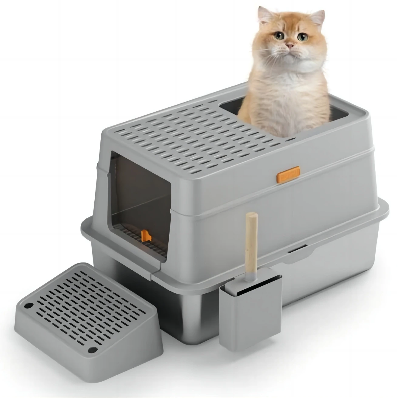 【closed F】 closed type stainless steel cat litter box cat litter toilet with cat litter scooper 1