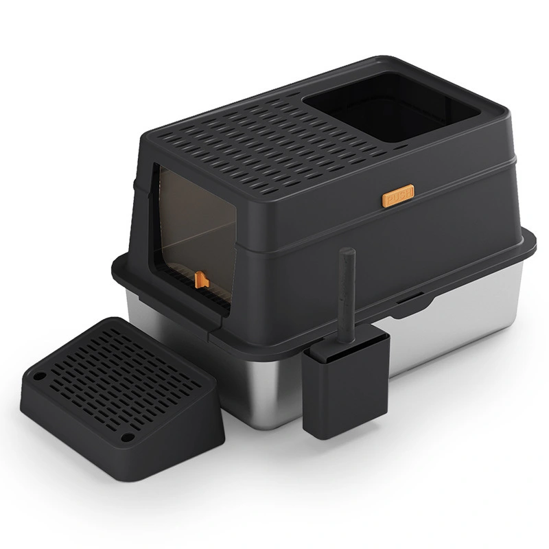 【closed F】 black closed type stainless steel cat litter box cat litter toilet with cat litter scooper 1
