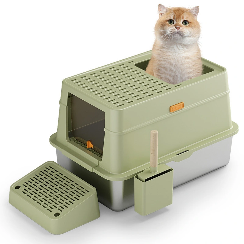 【closed F】 Green closed type stainless steel cat litter box cat litter toilet with cat litter scooper 1