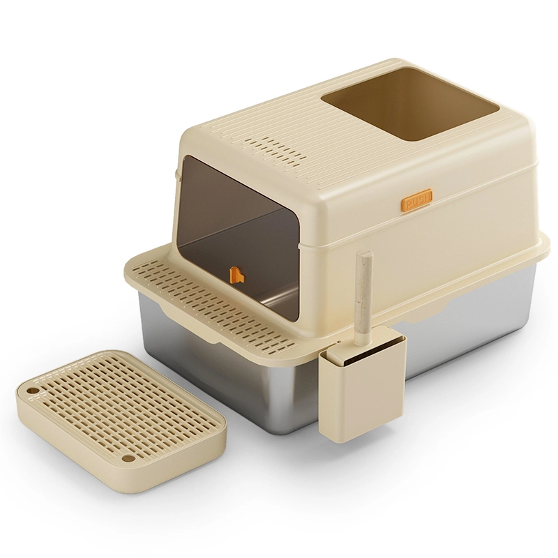 【gesloten L】 beige gesloten roestvrijstalen kattenbak kattenbaktoilet met kattenbakschepje 1