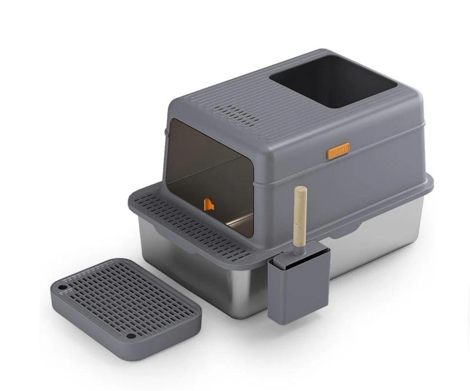 【closed L】dark grey closed type stainless steel cat litter box cat litter toilet with cat litter scooper 1