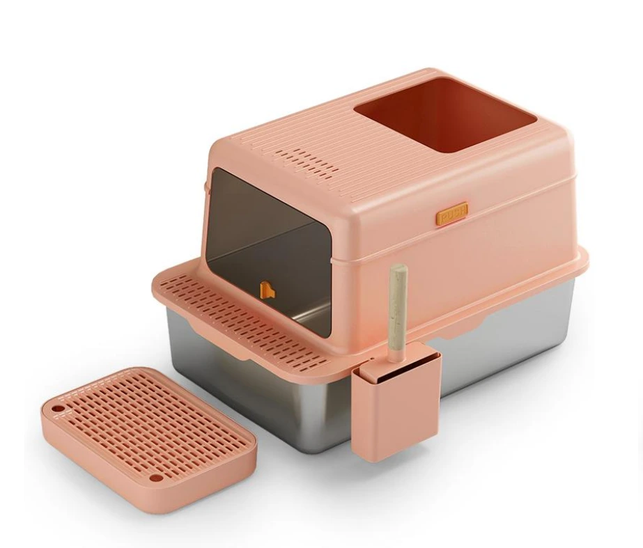 【closed L】light orange-red closed type stainless steel cat litter box cat litter toilet with cat litter scooper 1