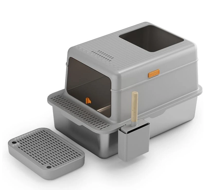 【closed L】light grey closed type stainless steel cat litter box cat litter toilet with cat litter scooper 1