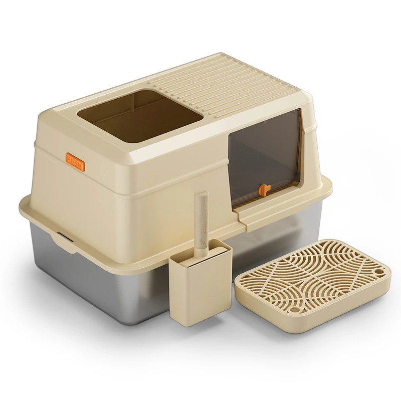 【closed E】 beige closed type stainless steel cat litter box cat litter toilet with cat litter scooper 1