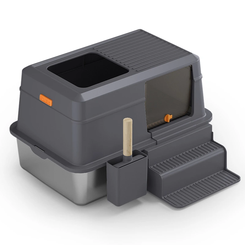 【closed E】 Dark grey closed type stainless steel cat litter box cat litter toilet with cat litter scooper 1