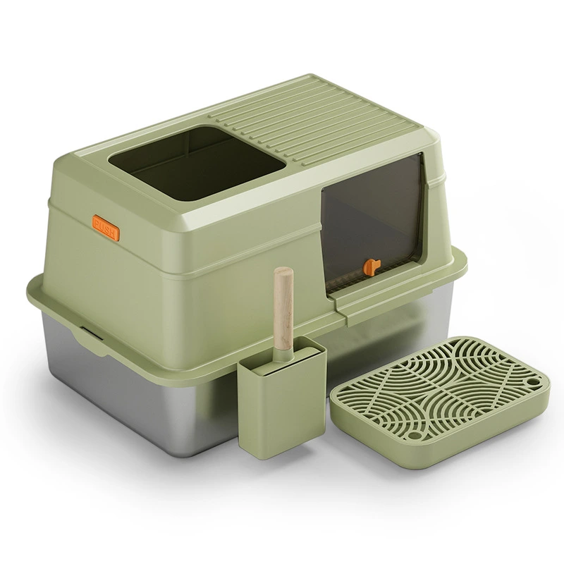 【closed E】 Green closed type stainless steel cat litter box cat litter toilet with cat litter scooper 1