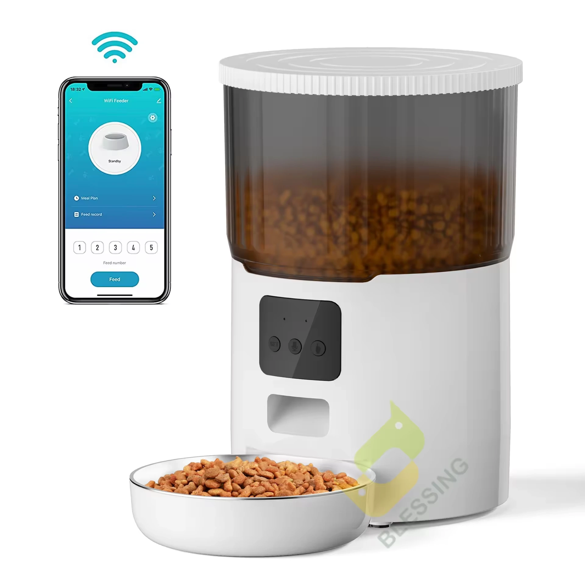 【WS-08】venta al por mayor dispensador inteligente de alimentos para mascotas de 4L blanco, Alimentador automático inteligente para perros y gatos con Control por aplicación Wifi 1