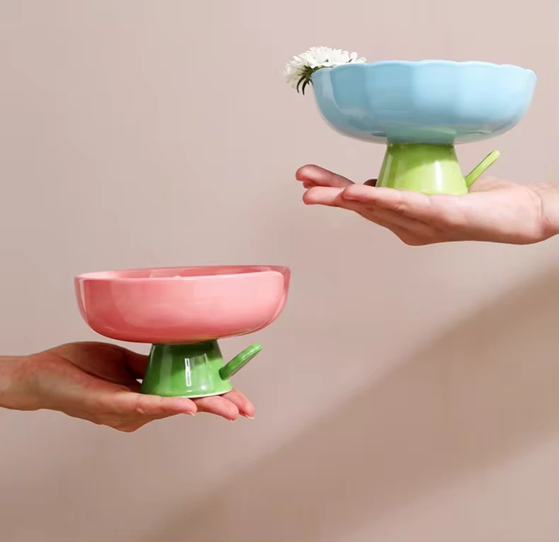 【flor】azul &tazón de comida de cerámica para mascotas rosa, base alta, protege la columna Cervical, tazón de comida de agua para perros y gatos de gran calibre 1