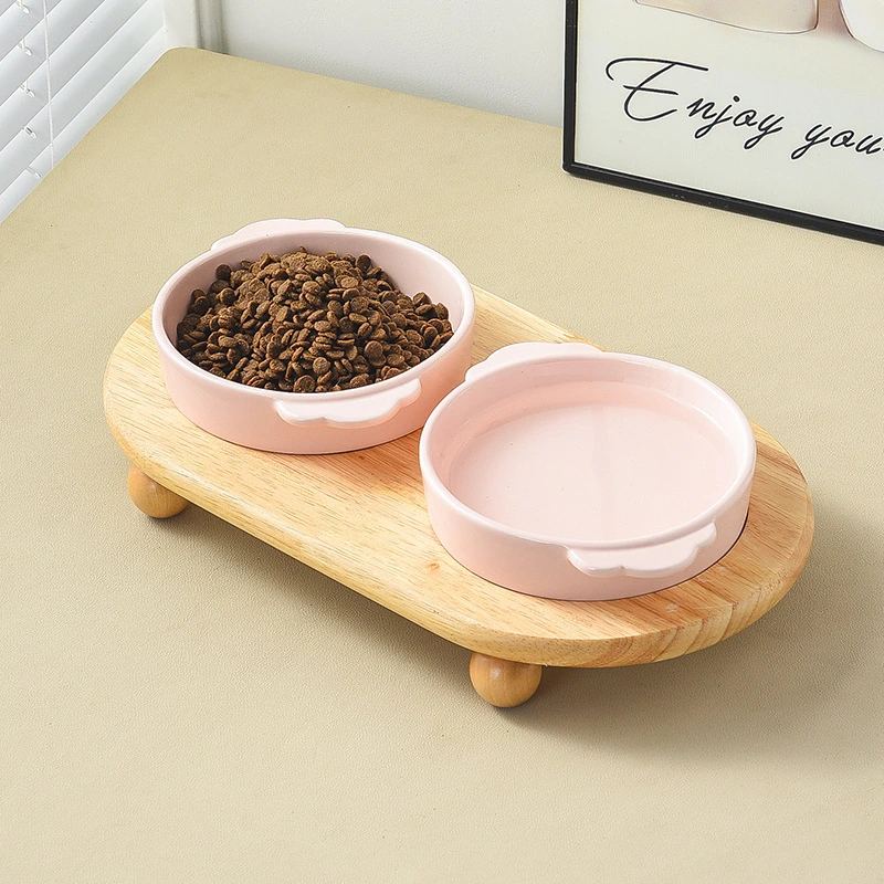 wholesale Tazón de cerámica para gatos Base inferior de madera de bambú Tazón de comida para mascotas Tazón para perros Tazón para perros Tazón para beber Cuidado cervical Suministros para tazones para mascotas 1