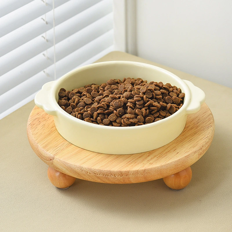 wholesale Ceramic Cat Bowl With Bamboo Wooden Bottom Bracket pet Food Bowl Cat  Dog Bowl Dog Bowl Drinking Bowl Cervical Care Pet Bowl Supplies 1