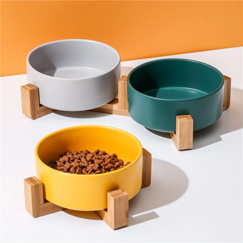Cat Bowl Ceramic Double Bowl Water Bowl One Piece Wooden Frame Protect Neck Spine Tall Dog Bowl Dog Bowl Drinking Bowl Multi-Color Multi-Size Pet Bowl 1