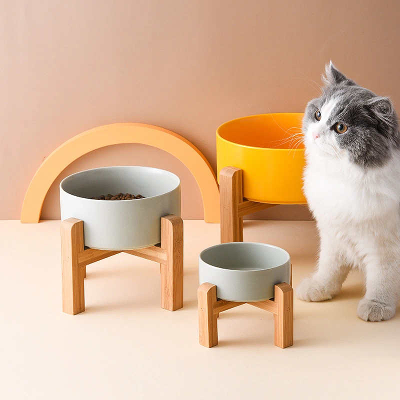 Soporte inferior con marco de madera de bambú elevado, cuenco de comida para perros y mascotas, cuenco de comida para perros, cuenco para gatos, cuenco de cerámica para proteger las vértebras cervicales, cuenco para beber antivuelco 1