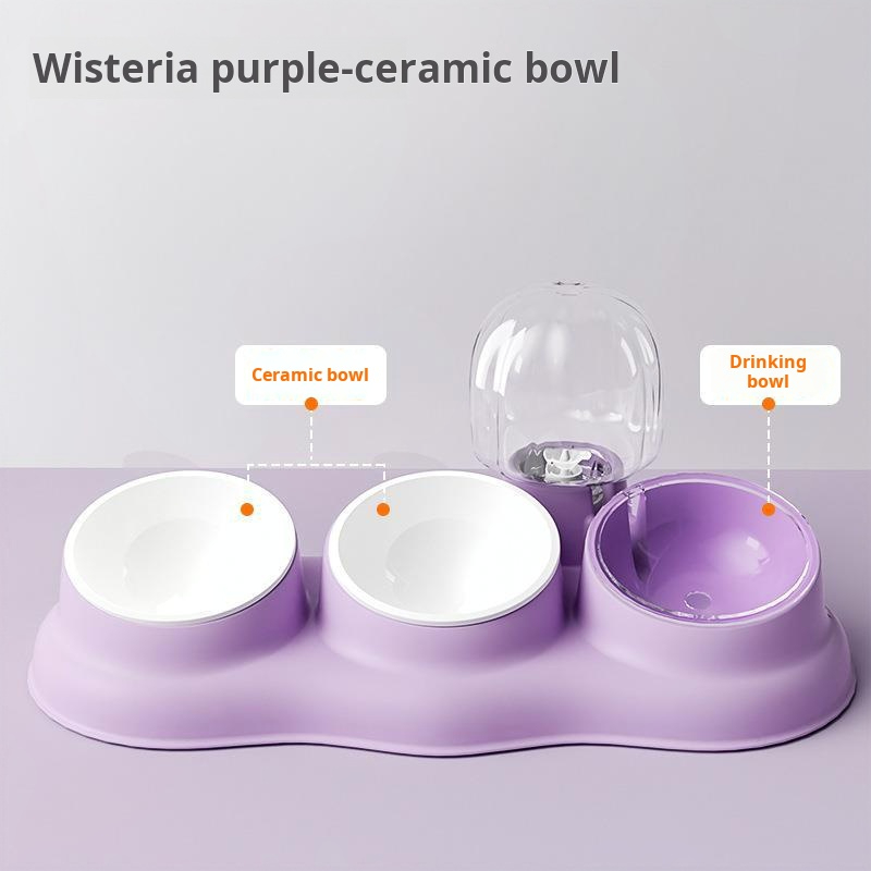 wholesale 3-in-1 Feeding & Drinking Snacks All-in-One Pet Bowl Multifunctional ceramic pet bowl  Double Bowl Single Bowl-purple 1