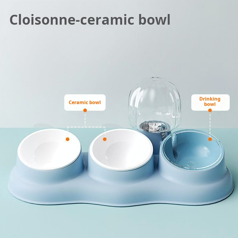 wholesale 3-in-1 Feeding & Drinking Snacks All-in-One Pet Bowl Multifunctional ceramic pet bowl  Double Bowl Single Bowl-blue&white 1