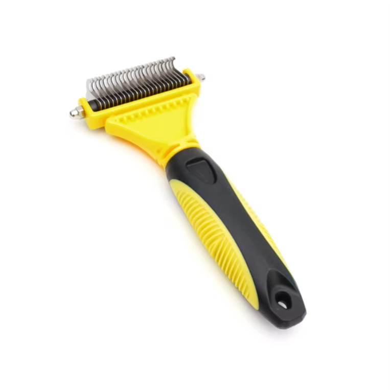 Yellow-Pet Groom Comb Dog Cat Brush Grooming Double Side Steel Teeth Dematting Undercoat Rake 1