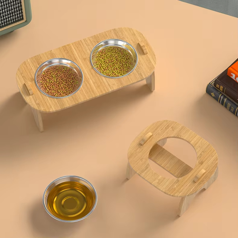 Comida para perros y gatos, soporte para cuenco de madera, protección cervical de 15 grados, comedero para mascotas, cuenco para beber, dispensador de agua, cuenco de acero inoxidable 1