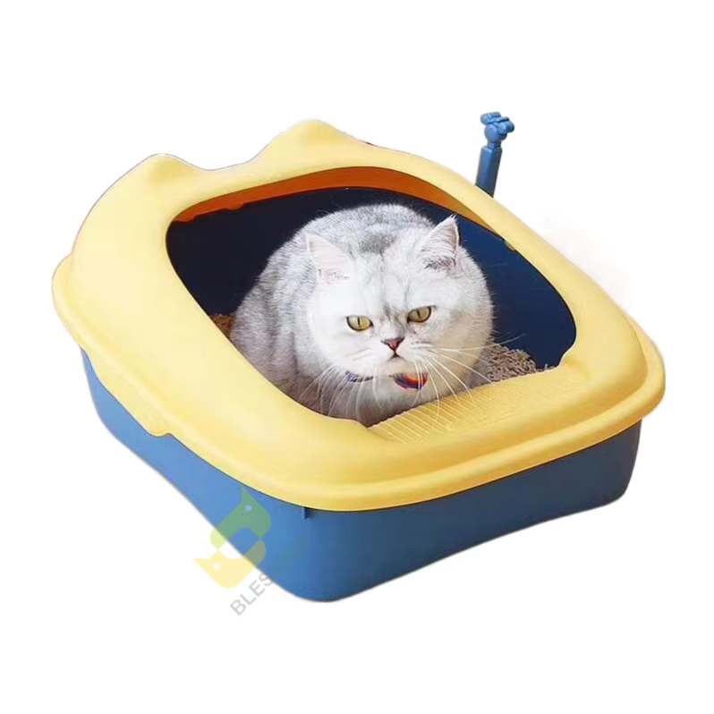 Azul-Venta al por mayor Productos para mascotas Limpieza de cajas de plástico para inodoro para gatos Bandejas Caja de arena para gatos con forma de oreja de gato linda y simple 1