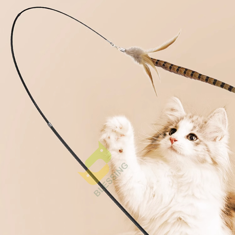 Wholesale Pet Supplies 1.5m Carbon Fiber Long Pole Feather Cat Teaser Wand Cat Teaser Stick Interactive Cat Toy 1