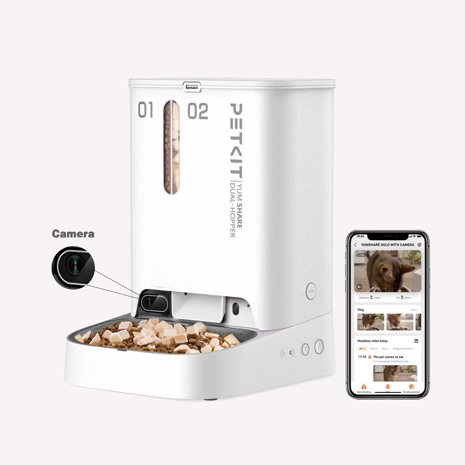 YumShare Dual-hopper met camera PETKIT YumShare Smart Pet Feeder met camera Wi-Fi & App-bediening, automatisch voeren voor kleine tot middelgrote huisdieren 1