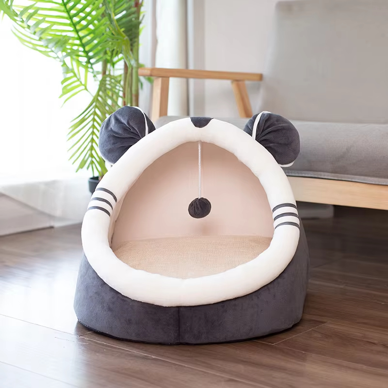 Grey-Wholesale High Quality Pet Accessories Fluffy Soft Comfortable Cat Bed Cave for Indoor Cats 1