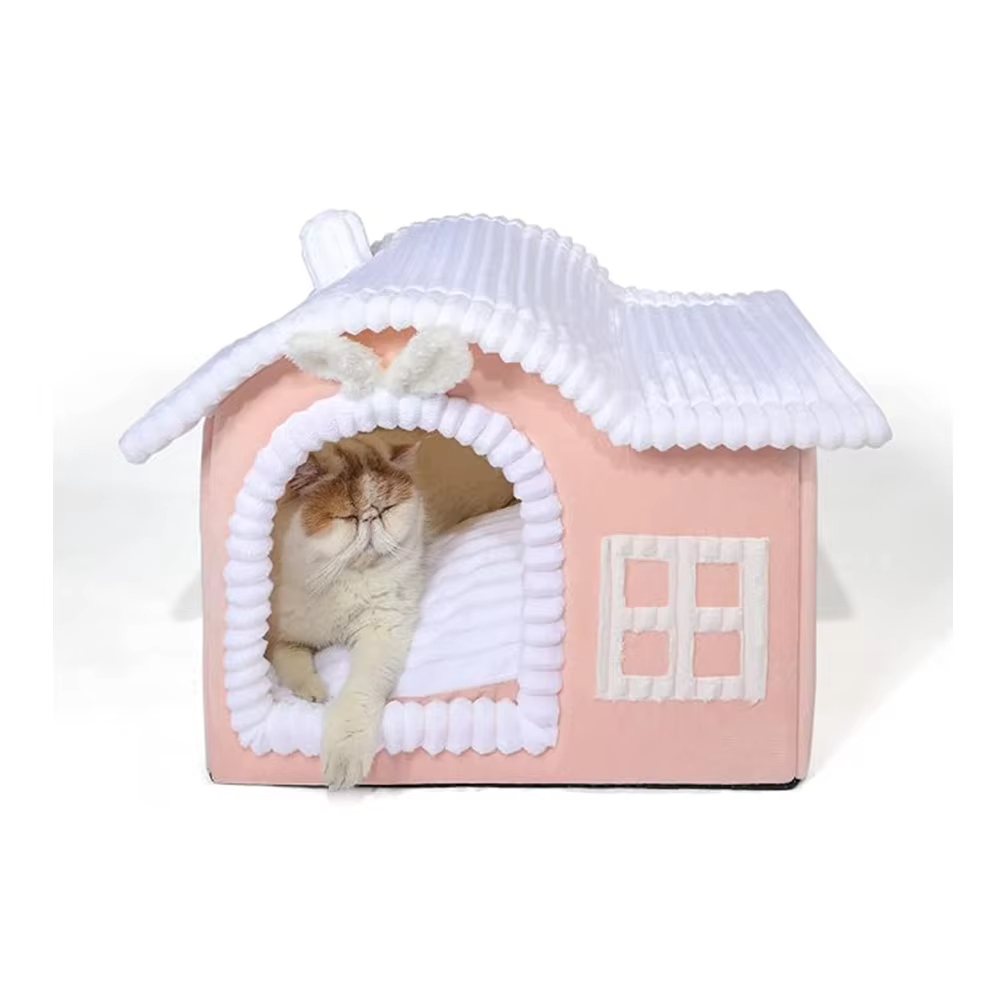 Cama para gatos semicerrada con diseño de casa recién llegado Pink-2024 1