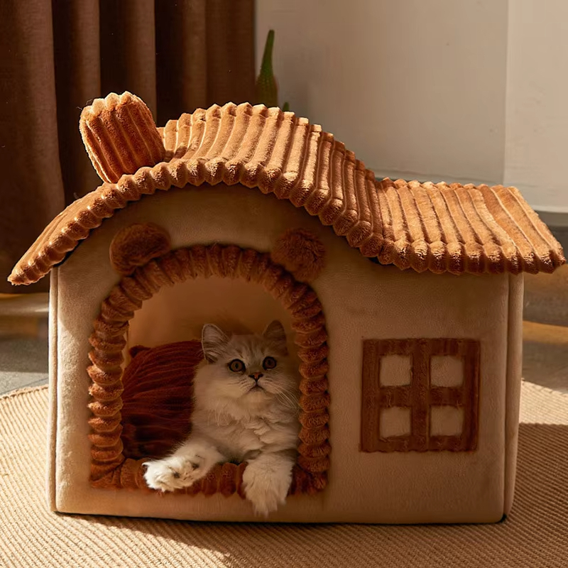 Marrón-gran oferta, tienda de campaña con forma de casa para gatos, nido para mascotas suave y cálido, casa para gatos lavable, cerrada, duradera y bonita 1