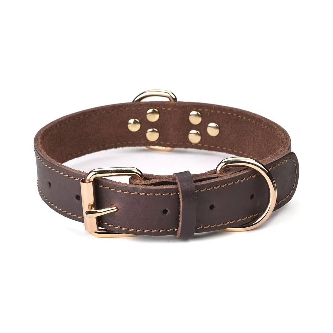 Brown-Classic Hondenhalsband van graanleer, unieke stijl, zacht aanvoelende bruinleren hondenhalsband met premium vergulde gesp 1