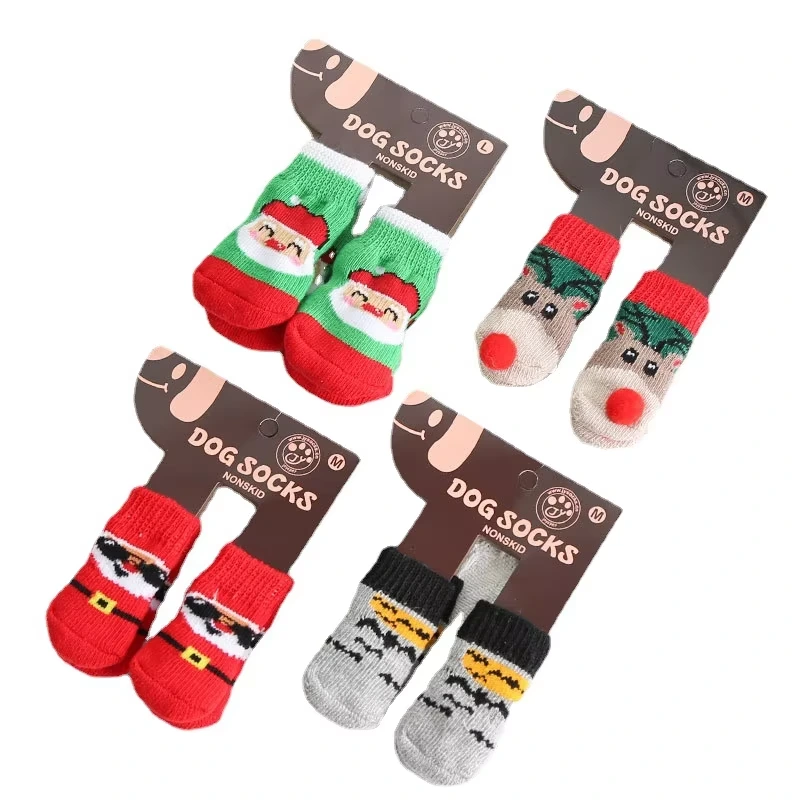 wholesale Puppy Dog Shoes Soft Breathable Pet Knits Socks Anti-Slip Skid Design Cute Dachshund Cartoon Print Cats Christmas Style 1