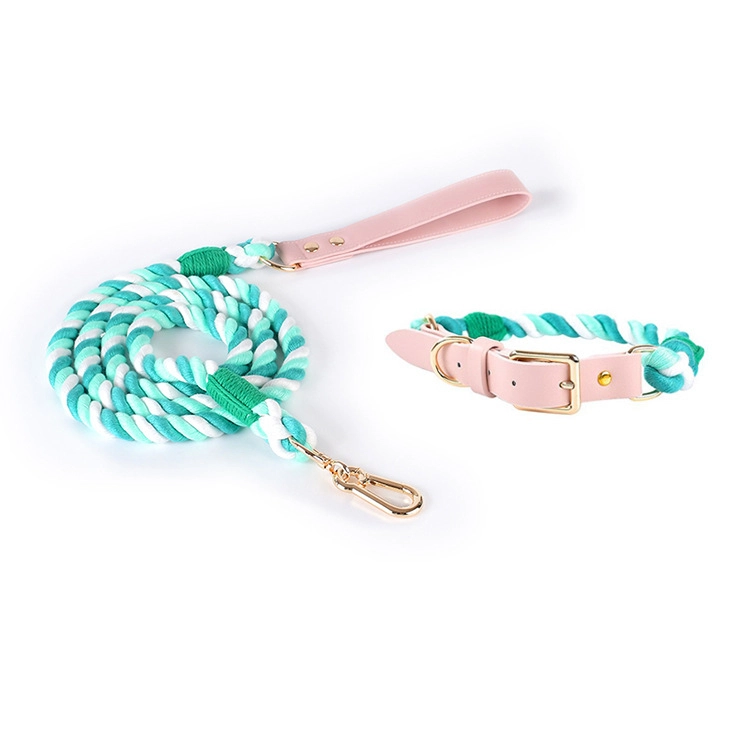 Topverkoper handgemaakte gevlochten touwriem hondenhalsband zacht handvat heavy duty veelkleurige handsfree hondenriem set-groen1 1