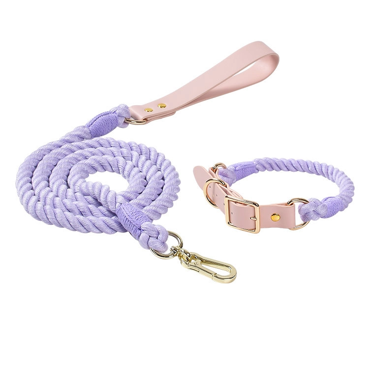Topverkoper handgemaakte gevlochten touwriem hondenhalsband zacht handvat heavy duty veelkleurige handsfree hondenriem set-paars 1