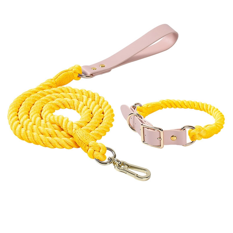 Top Seller Handmade Braided Rope Leash Dog Collar Soft Handle Heavy Duty Multicolor Handsfree Dog Leash Set-yellow 1