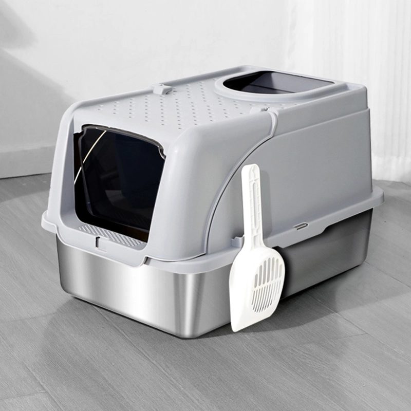 Innovadora caja de arena para gatos de acero inoxidable, inodoro grande para gatos, suministros de limpieza portátiles para gatos completamente cerrados, gris 1