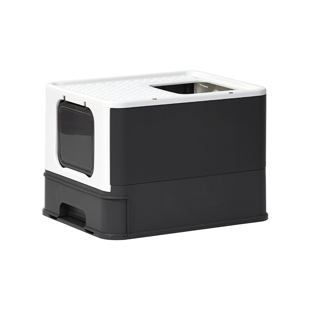 Caja de arena para gatos grande con entrada frontal y salida superior, cerrada con pala y tapa, bandeja de arena plegable de plástico PP para gatos, color negro 1