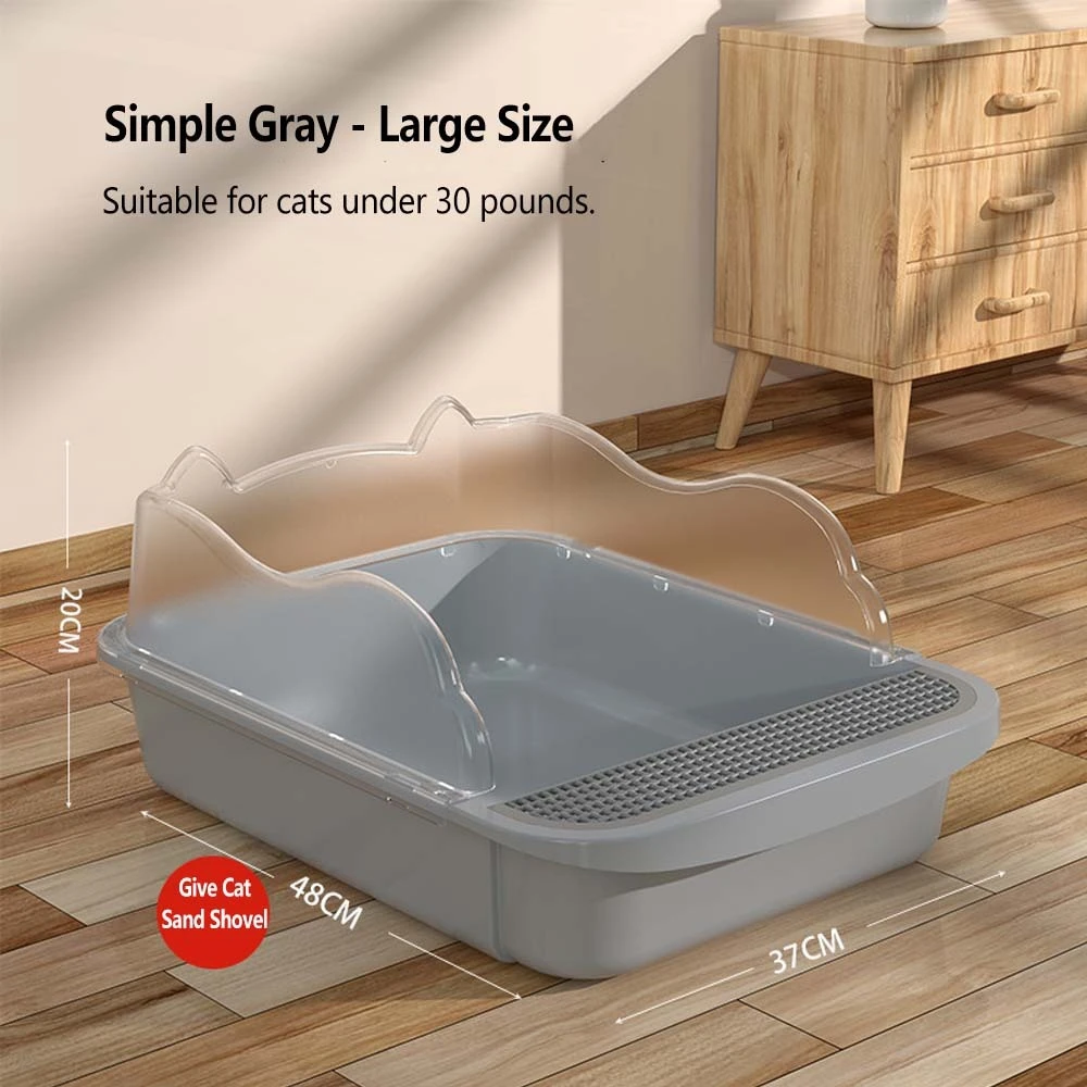 wholesale Large Cat Litter Box with Scatter Shield and Scoop, Open Top High Sided Cat Litter Pan-grey 1