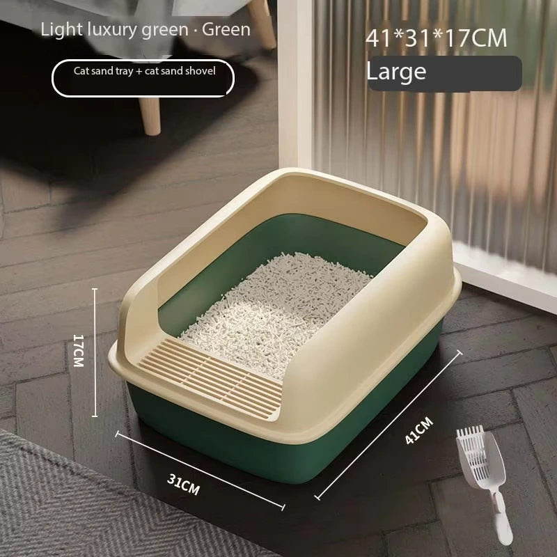 Open Top Cat Litter Tray with Scoop and Scatter Shield-Sturdy Easy to Clean Open Air Kitty Litter Pan with Tall Spray-5 1