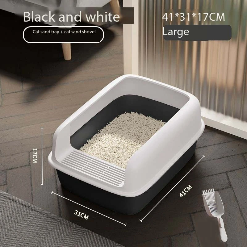 Open Top Cat Litter Tray with Scoop and Scatter Shield-Sturdy Easy to Clean Open Air Kitty Litter Pan with Tall Spray-3 1