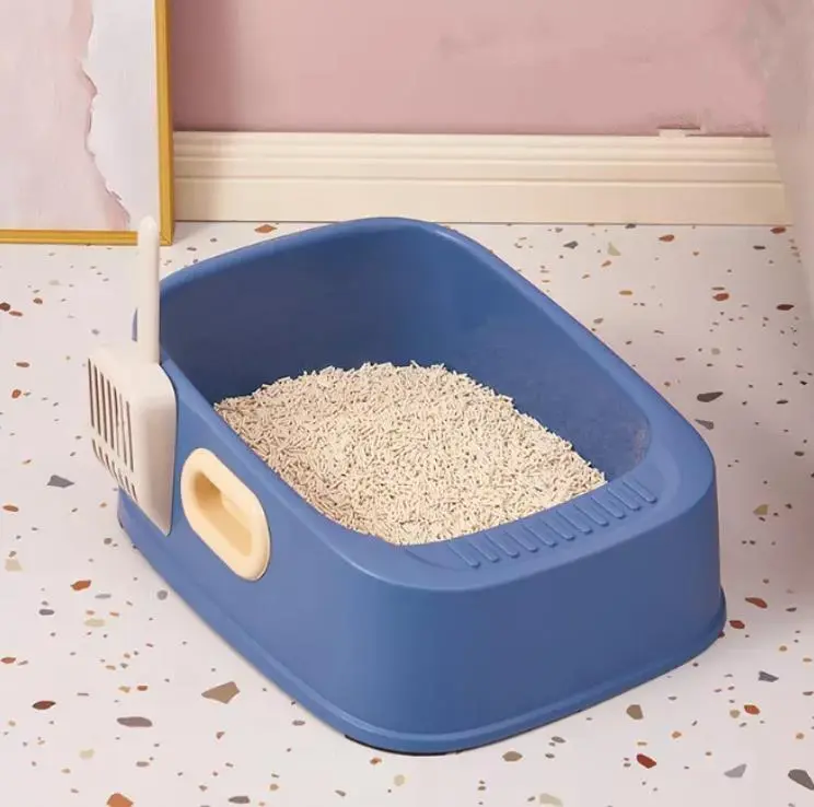 Home Furnishing Style Binaural Handle Square Cat Litter Box Cat Sand Box with Scoop Cat Toilet-blue 1